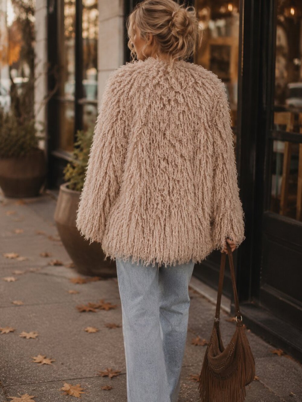 Free People Shag Faux Fur Jacket Womens S Beige Open Front Boho Teddy Coat - Picture 2 of 8